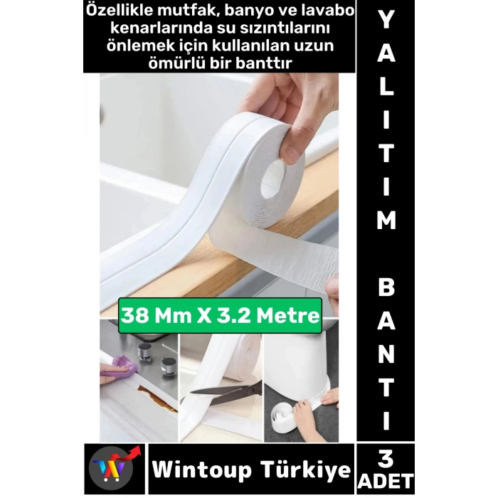 Dayanıklı Lavabo Kenar Küvet Pvc Su Sızdırmaz Yağ Küf Kir Önleyici Yalıtım Bantı 3.2 Metre 3 Adet