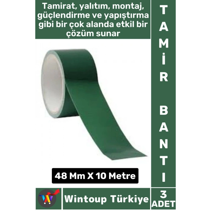 Uzun Ömürlü Su Nem Küfe Dayanıklı Çok Amaçlı YEŞİL Montaj Onarım Tamir Bantı 48 Mm X 10 Metre 3 Adet