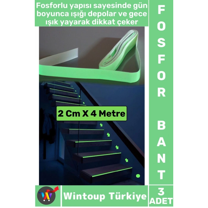 Karanlıkta Parlayan Acil Durum Çıkış Merdiven Kenar Esnek Güçlü Yapışkan Fosfor Bant 2 CmX4 Mtr 3 Ad