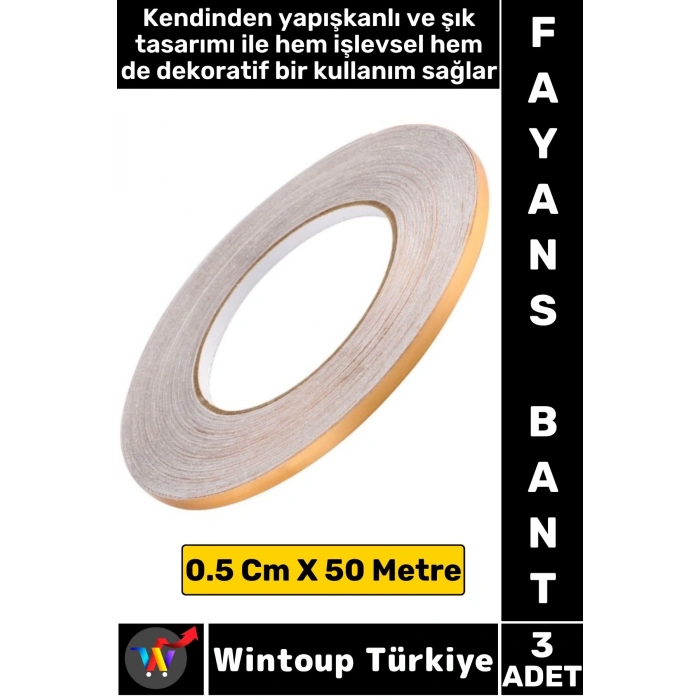 Uzun Ömürlü Kendinden Yapışkanlı Karo Zemin Fayans Derz 0.5 Cm X 50 Metre Gold Şerit Bant 3 Adet