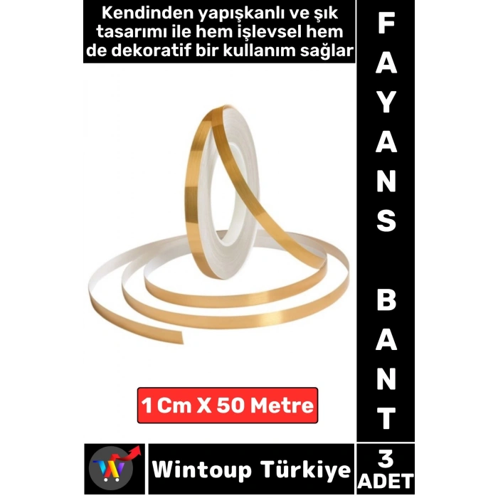 Uzun Ömürlü Kendinden Yapışkanlı Karo Zemin Fayans Derz 1 Cm X 50 Metre Gold Şerit Bant 3 Adet