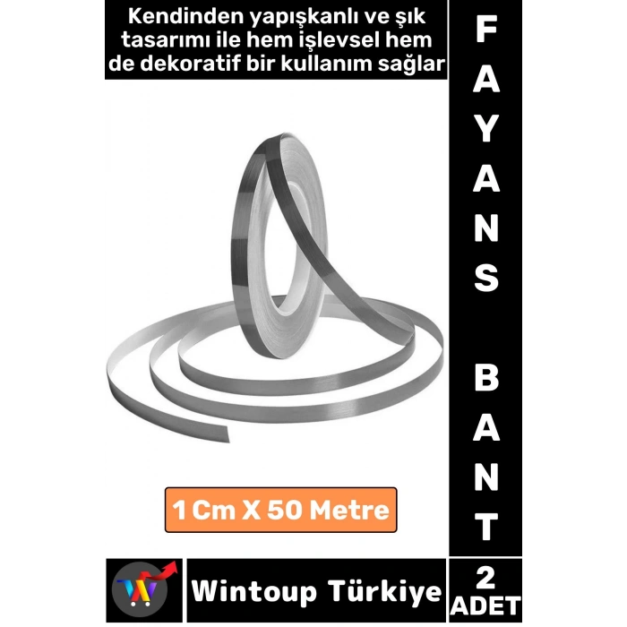 Uzun Ömürlü Kendinden Yapışkanlı Karo Zemin Fayans Derz 1 Cm X 50 Metre Gri Şerit Bant 2 Adet