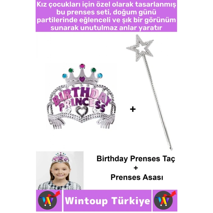 Eğlenceli Kız Çocuk Doğum Günü Birthday Princess Taşlı Detaylı Prenses Taç Sihirli Asa 2li Özel SET