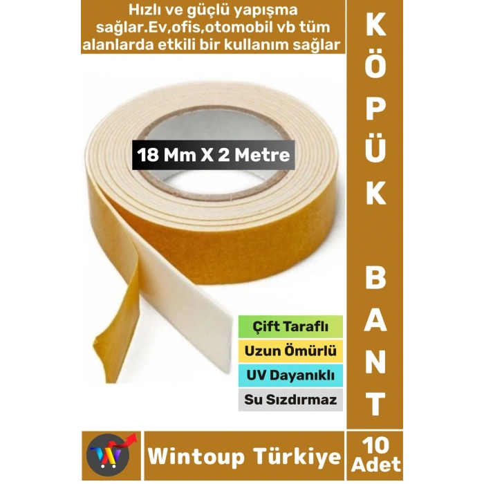 İç Mekan Süper Güçlü Yapışkan Duvar Ahşap Çok Yönlü Çift Taraflı Köpük Bant 18 Mm X 2 Metre 10 Adet