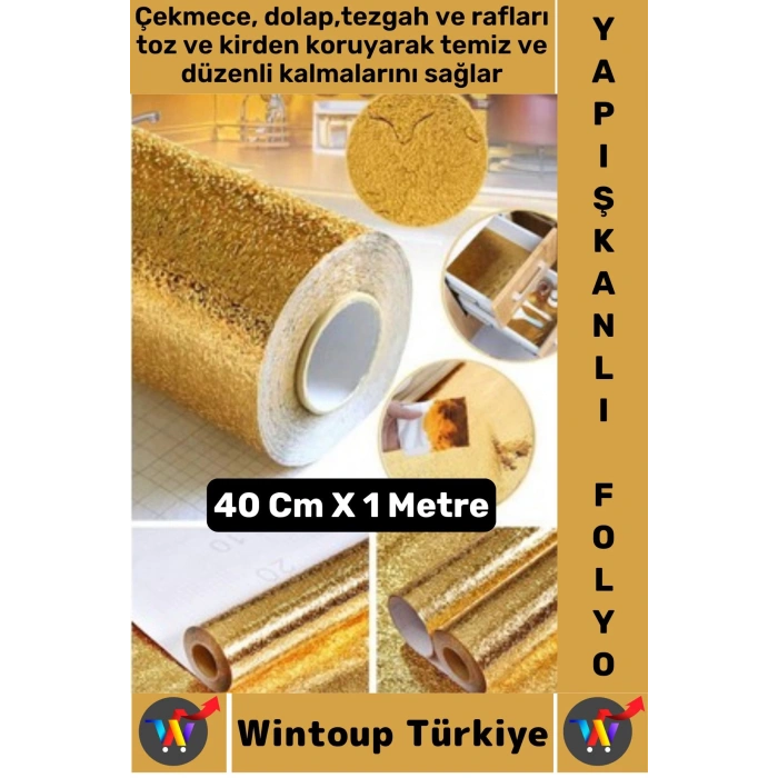 Kolay Temizlenir Yağ Kir Koruyucu Mutfak Tezgah Çekmece Dolap GOLD Yapışkanlı Folyo 40 Cm X 1 Metre