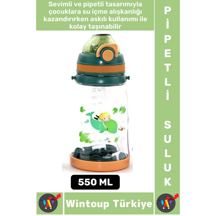 Dayanıklı Tritan Ev Ofis Çocuk Okul Spor BPA İçermeyen Askılı Eğlenceli Renkli Pipetli SULUK 550 ML