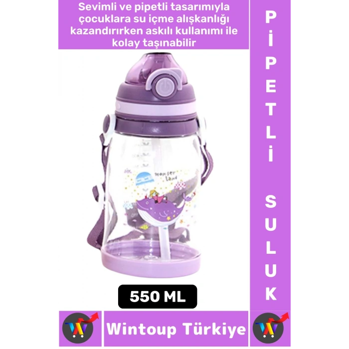 Dayanıklı Tritan Ev Ofis Çocuk Okul Spor BPA İçermeyen Askılı Eğlenceli Renkli Pipetli SULUK 550 ML