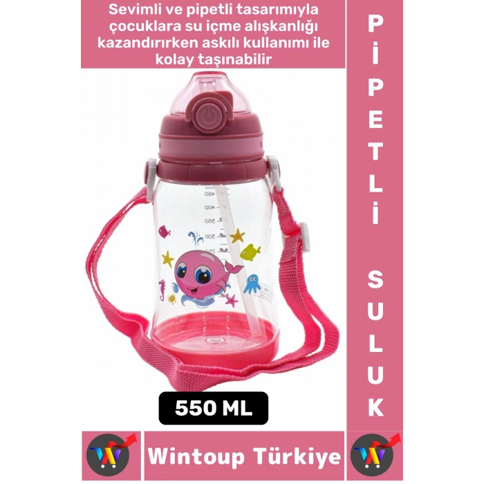 Dayanıklı Tritan Ev Ofis Çocuk Okul Spor BPA İçermeyen Askılı Eğlenceli Renkli Pipetli SULUK 550 ML