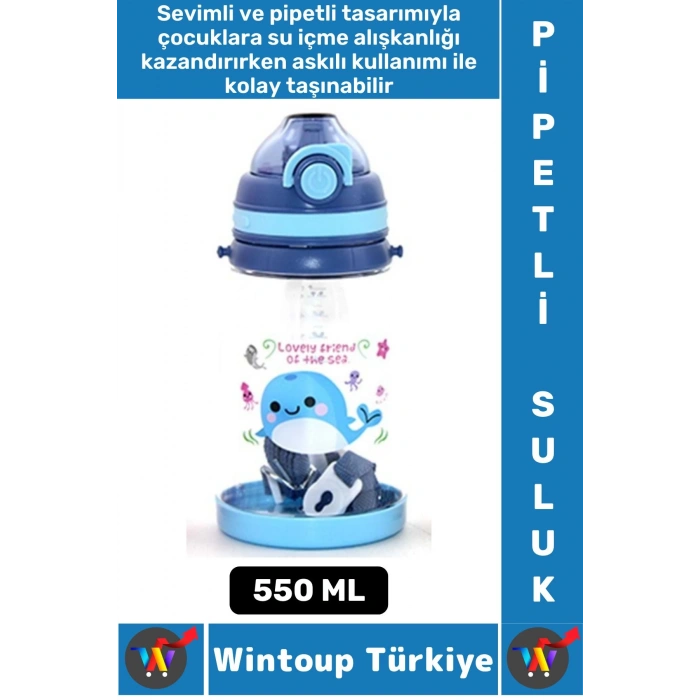 Dayanıklı Tritan Ev Ofis Çocuk Okul Spor BPA İçermeyen Askılı Eğlenceli Renkli Pipetli SULUK 550 ML