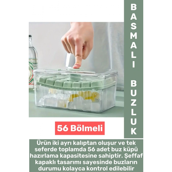 Dayanıklı Sert Plastik Zahmetsiz BPA İçermez Şeffaf Kapaklı Hazneli 56 Bölmeli Basmalı Pratik Buzluk