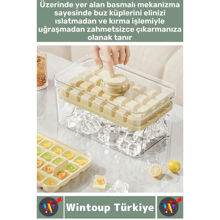 Dayanıklı Sert Plastik Zahmetsiz BPA İçermez Şeffaf Kapaklı Hazneli 56 Bölmeli Basmalı Pratik Buzluk