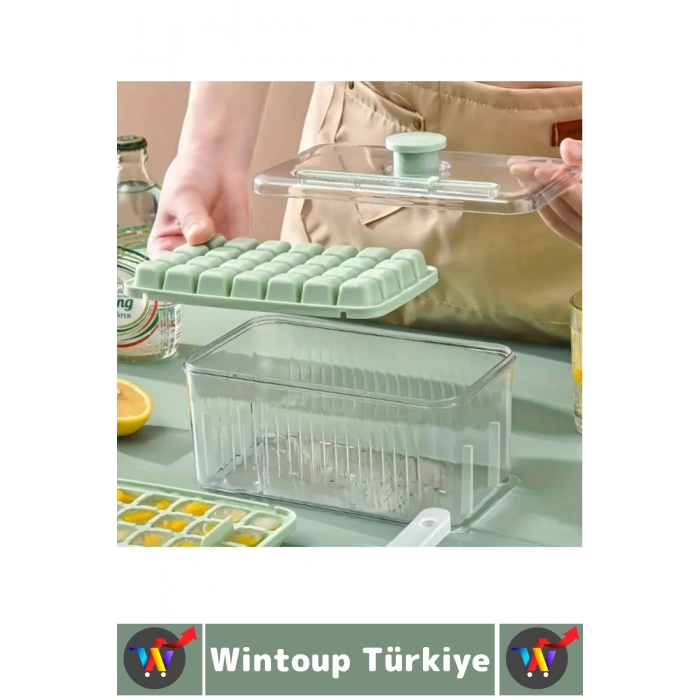 Dayanıklı Sert Plastik Zahmetsiz BPA İçermez Şeffaf Kapaklı Hazneli 56 Bölmeli Basmalı Pratik Buzluk