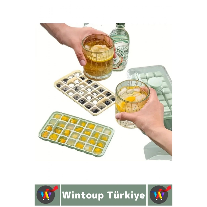 Dayanıklı Sert Plastik Zahmetsiz BPA İçermez Şeffaf Kapaklı Hazneli 56 Bölmeli Basmalı Pratik Buzluk