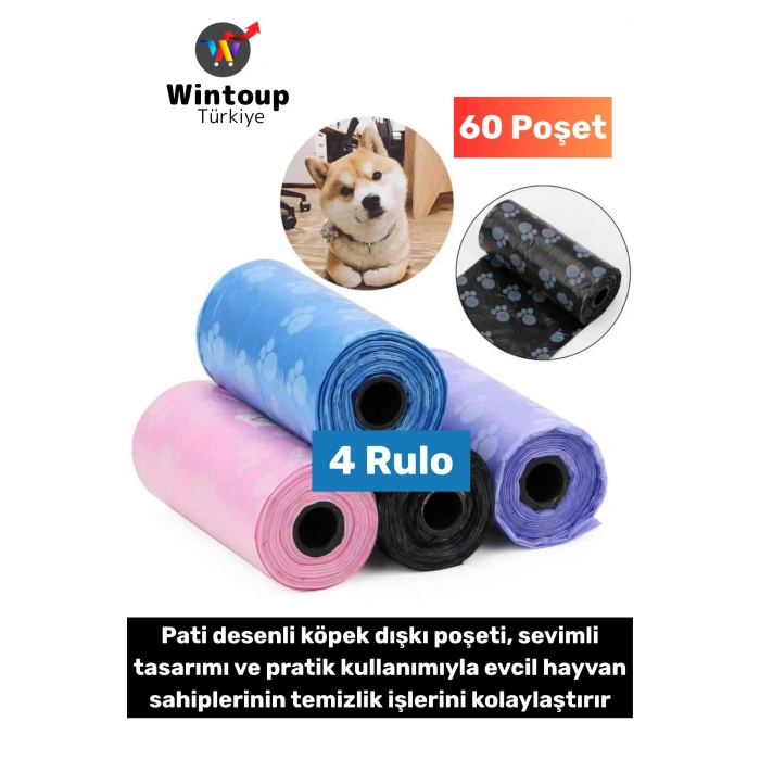 Evcil Hayvan Gezdirme Tuvalet Eğitim Hijyenik Sevimli Pati Desenli Köpek Kaka Poşeti 4 Rulo 60 Poşet