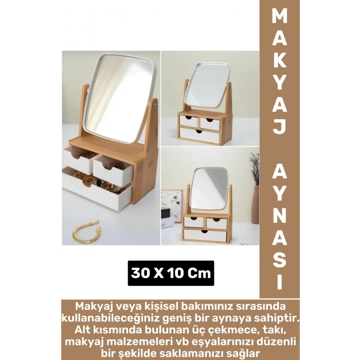 Dayanıklı Ahşap Makyaj Takı Organizer Ev Ofis Ayarlanabilir Aynalı Çok Şık Tasarım 3 Çekmeceli Ayna