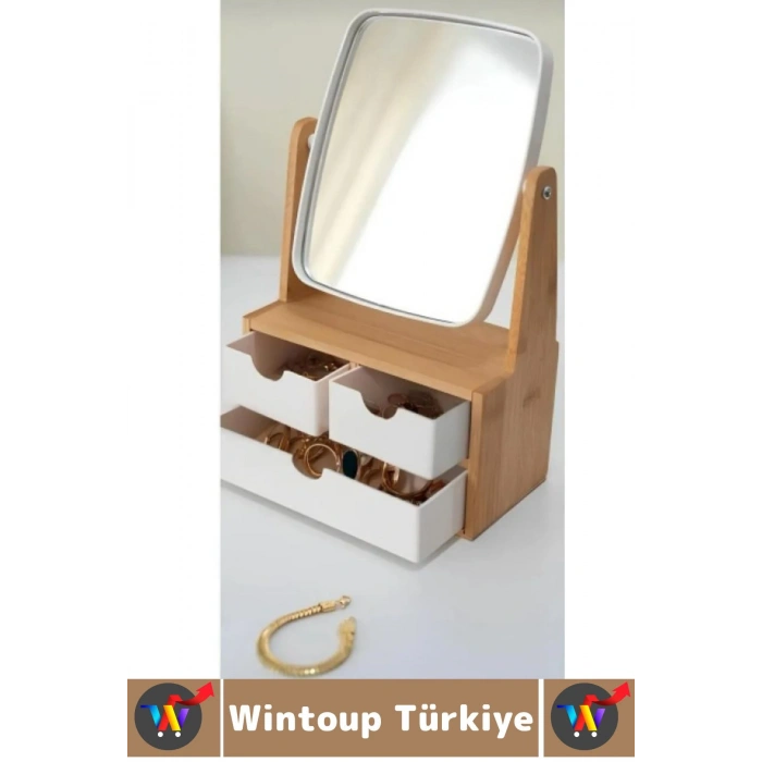 Dayanıklı Ahşap Makyaj Takı Organizer Ev Ofis Ayarlanabilir Aynalı Çok Şık Tasarım 3 Çekmeceli Ayna