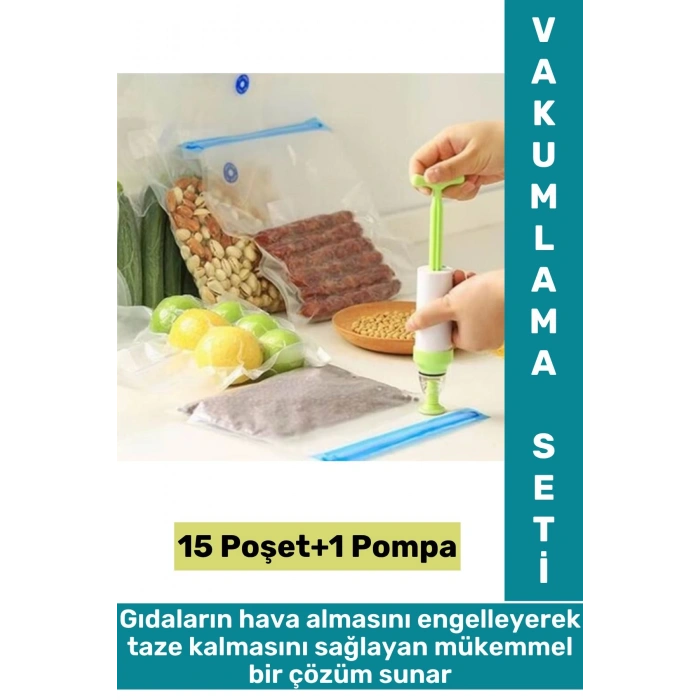 Kolay Kullanım Et Sebze Balık Gıda Manuel Pompalı Vakumlama Saklama Poşeti Özel Set 15 Poşet+1 Pompa