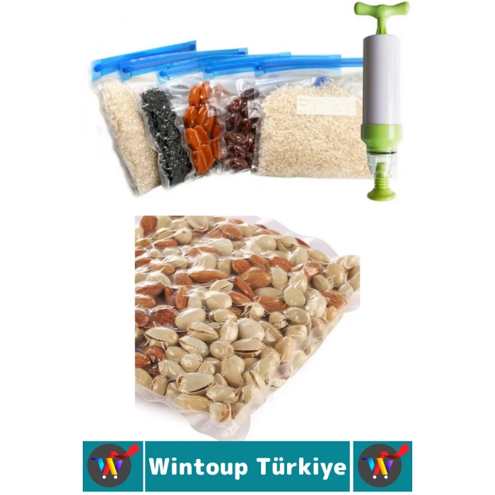 Kolay Kullanım Et Sebze Balık Gıda Manuel Pompalı Vakumlama Saklama Poşeti Özel Set 15 Poşet+1 Pompa