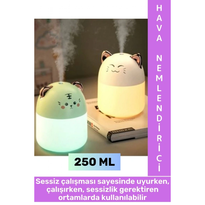 Portatif Sessiz Çalışır Şık Sevimli Kedi Tasarımlı Humidifier USB Şarjlı Oda Hava Nemlendirici 250ML