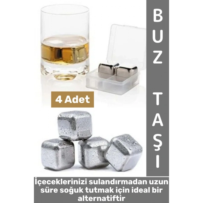 Yıkanabilir Kokteyl İçki Alkol Viski Sulandırmayan Saklama Kutulu Metal Kaplama Buz Taşı 4 Adet