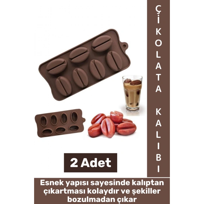 Sıcak Soğuğa Dayanıklı Tatlı Çikolata Jelibon Şık Kahve Çekirdeği Şekilli Esnek Silikon Kalıp 2 Adet