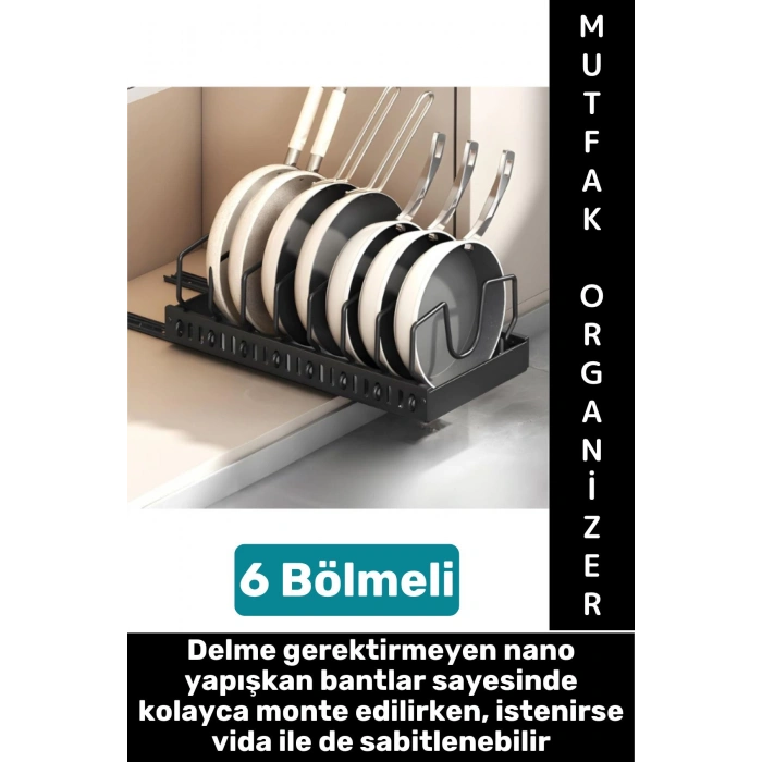 Mutfak Dolap İçi Tezgah Dağınıklık Önleyen Montajsız Teleskopik Raylı Tava Tencere Organizeri