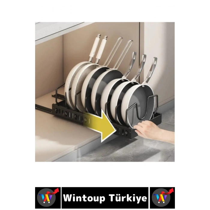 Mutfak Dolap İçi Tezgah Dağınıklık Önleyen Montajsız Teleskopik Raylı Tava Tencere Organizeri
