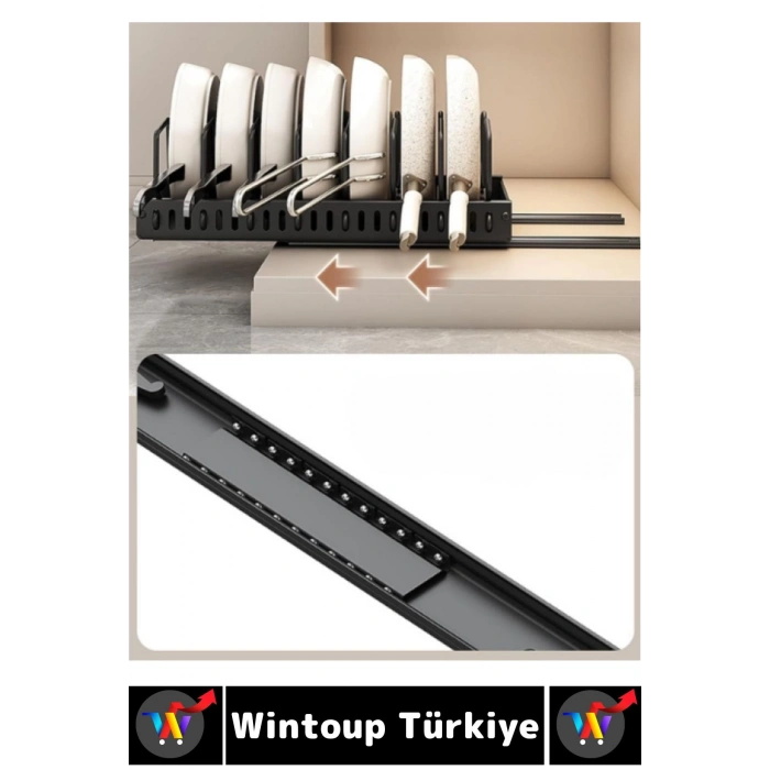 Mutfak Dolap İçi Tezgah Dağınıklık Önleyen Montajsız Teleskopik Raylı Tava Tencere Organizeri