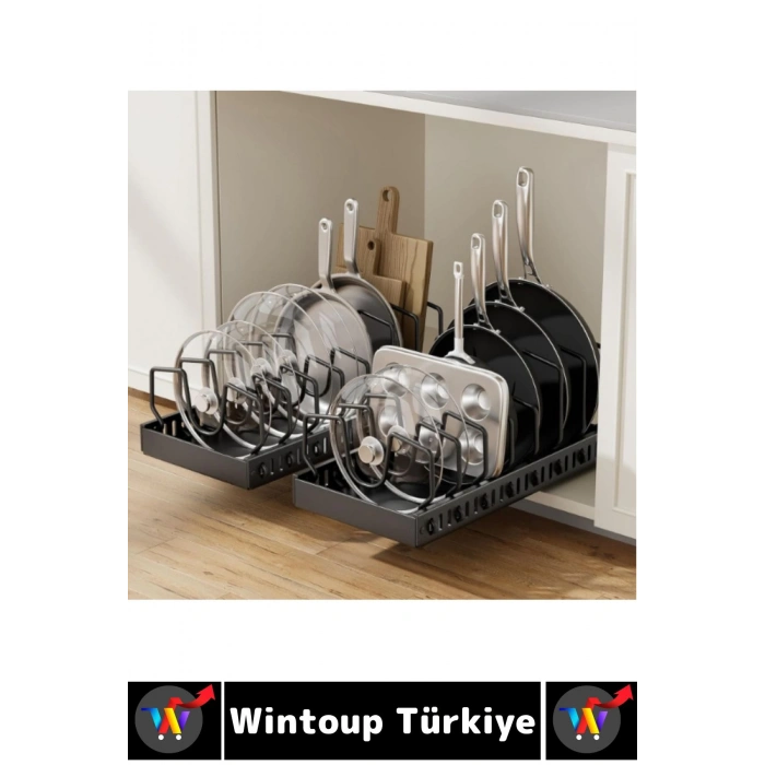 Mutfak Dolap İçi Tezgah Dağınıklık Önleyen Montajsız Teleskopik Raylı Tava Tencere Organizeri