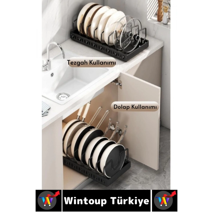 Mutfak Dolap İçi Tezgah Dağınıklık Önleyen Montajsız Teleskopik Raylı Tava Tencere Organizeri