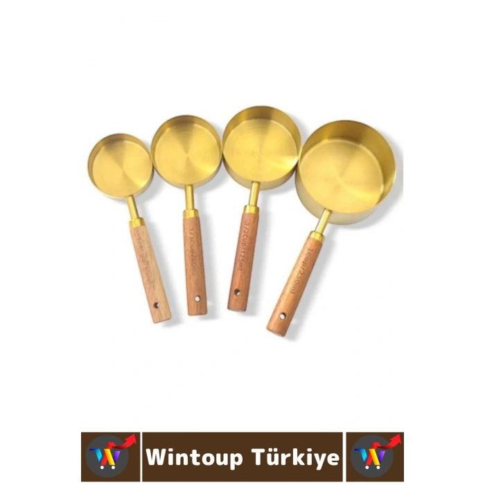 Pratik Mutfak Yemek Hazırlık Bakliyat Sıvı Ölçüm Estetik Gold Renk 4lü Ahşap Saplı Metal Ölçü Kaşığı