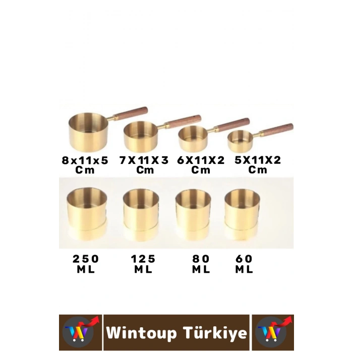 Pratik Mutfak Yemek Hazırlık Bakliyat Sıvı Ölçüm Estetik Gold Renk 4lü Ahşap Saplı Metal Ölçü Kaşığı