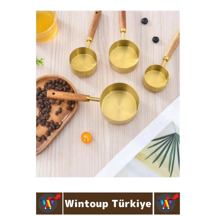 Pratik Mutfak Yemek Hazırlık Bakliyat Sıvı Ölçüm Estetik Gold Renk 4lü Ahşap Saplı Metal Ölçü Kaşığı