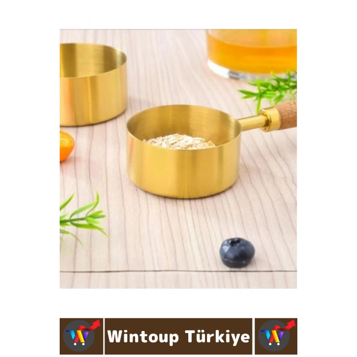Pratik Mutfak Yemek Hazırlık Bakliyat Sıvı Ölçüm Estetik Gold Renk 4lü Ahşap Saplı Metal Ölçü Kaşığı