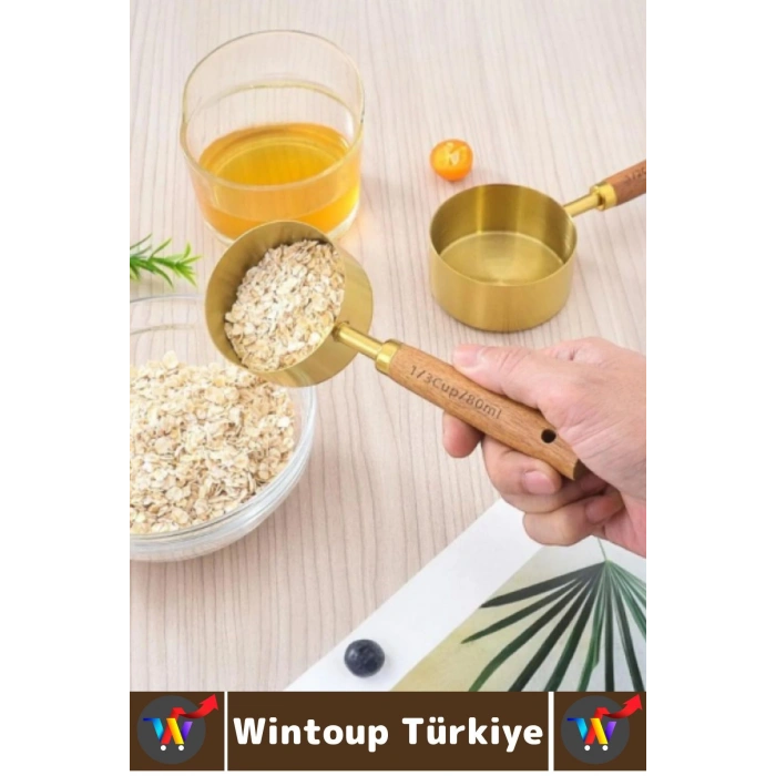 Pratik Mutfak Yemek Hazırlık Bakliyat Sıvı Ölçüm Estetik Gold Renk 4lü Ahşap Saplı Metal Ölçü Kaşığı