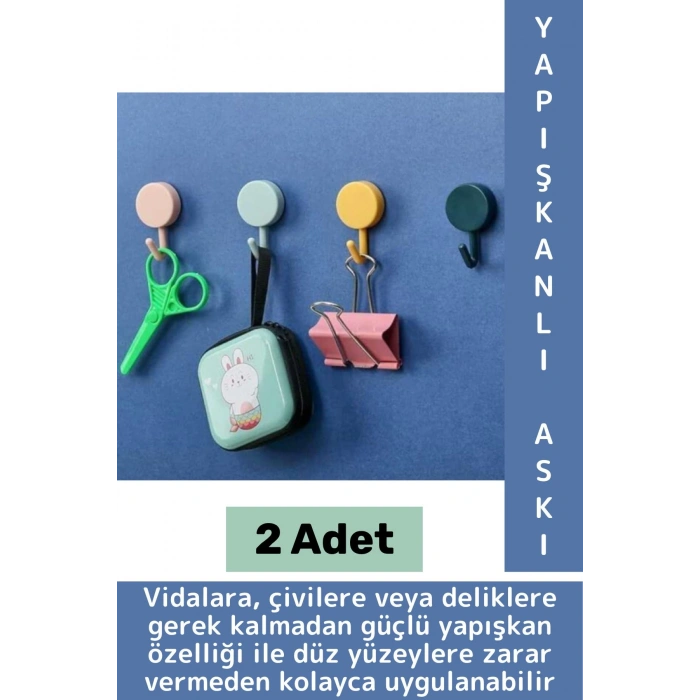İz Bırakmaz Montaj Gerektirmez Mutfak Banyo Ev Ofis Kendinden Yapışkanlı Renkli Duvar Askısı 2 Adet
