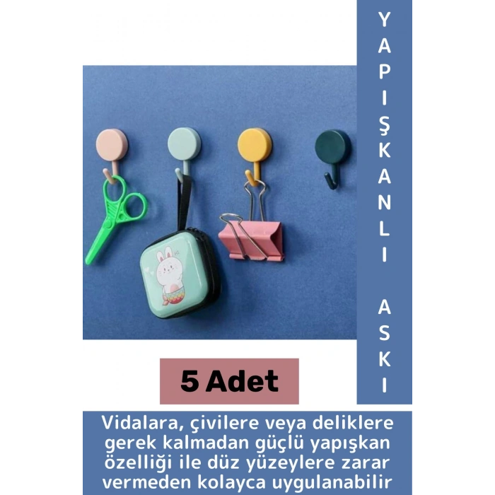 İz Bırakmaz Montaj Gerektirmez Mutfak Banyo Ev Ofis Kendinden Yapışkanlı Renkli Duvar Askısı 5 Adet