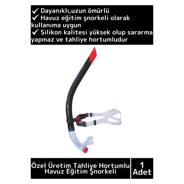 Premium Dayanıklıl Yüksek Silikon Kaliteli Tahliye Hortumlu Siyah Önden Dalış Havuz Eğitim Şnorkeli