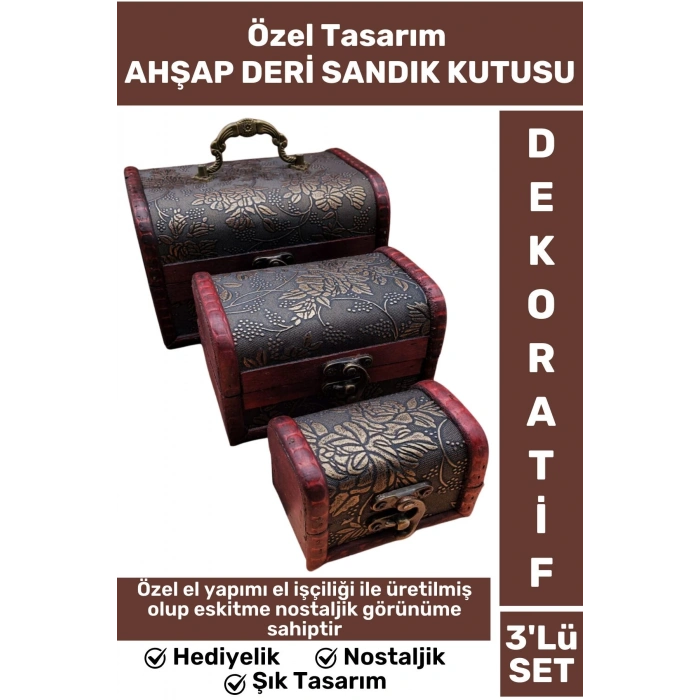 Özel El İşçiliği Vintage Eskitmeli Nostaljik Dekoratif Hediyelik Ahşap Deri 3lü SANDIK KUTUSU