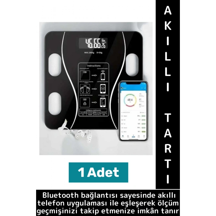 Premium Yağ Kas Su Kemik Ölçümü 180 Kg Kapasite Bluetooth Kontrollü Dijital LCD Ekran Akıllı Tartı