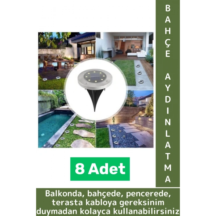 Premium Suya Dayanıklı Çim Zemin Bahçe Peyzaj 8 Ledli Kazıklı Solar Güneş Enerjili Aydınlatma 8 Adet