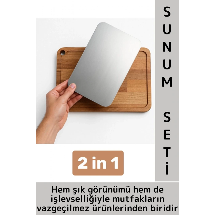 Dayanıklı Mutfak Kesme Sunum Çok Amaçlı Şık Ahşap Çelik Çıkarılabilir Kesme Tahtası Sunum Set 2 in 1