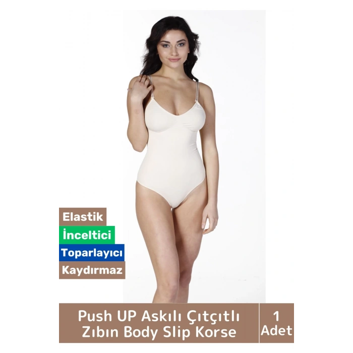Özel Lazer Kesim İz Göstermez Toparlayıcı Askılı Çıtçıtlı Push UP Slip Body Zıbın Korse