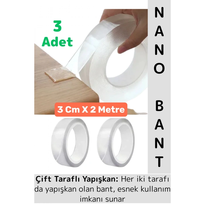 Ultra Güçlü Esnek Kesilebilir Kolay Kullanım Estetik Çift Taraflı Nano Şeffaf Bant 3 CmX2 Metre 3 Ad