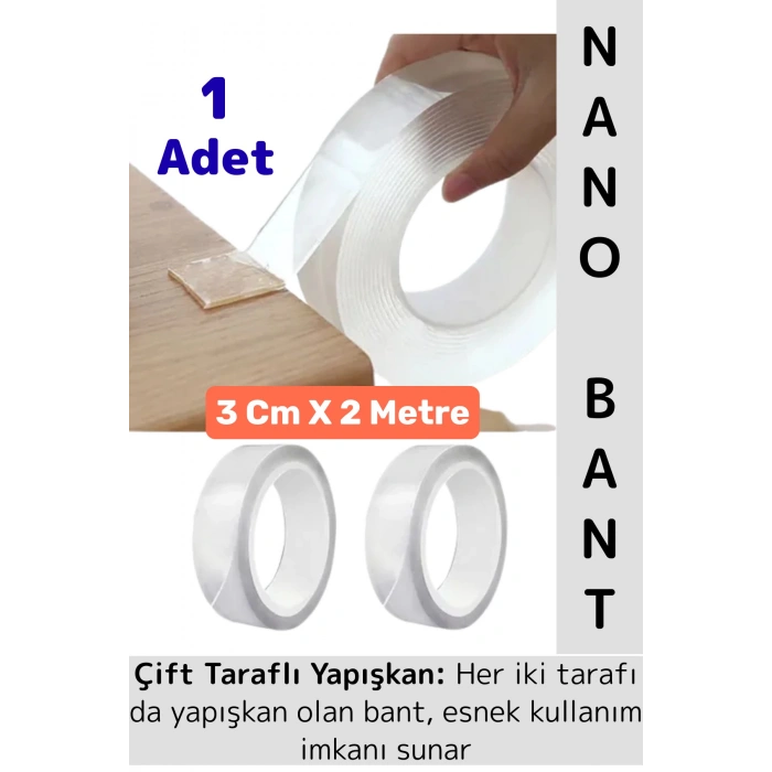 Ultra Güçlü Esnek Kesilebilir Kolay Kullanım Estetik Çift Taraflı Nano Şeffaf Bant 3 Cm X 2 Metre