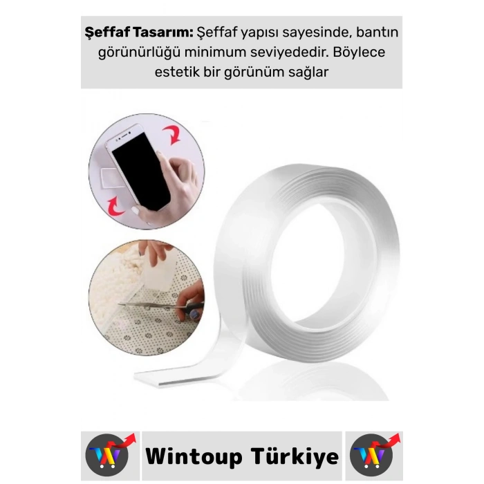 Ultra Güçlü Esnek Kesilebilir Kolay Kullanım Estetik Çift Taraflı Nano Şeffaf Bant 3 Cm X 2 Metre