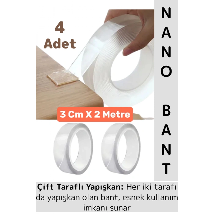 Ultra Güçlü Esnek Kesilebilir Kolay Kullanım Estetik Çift Taraflı Nano Şeffaf Bant 3 CmX2 Metre 4 Ad