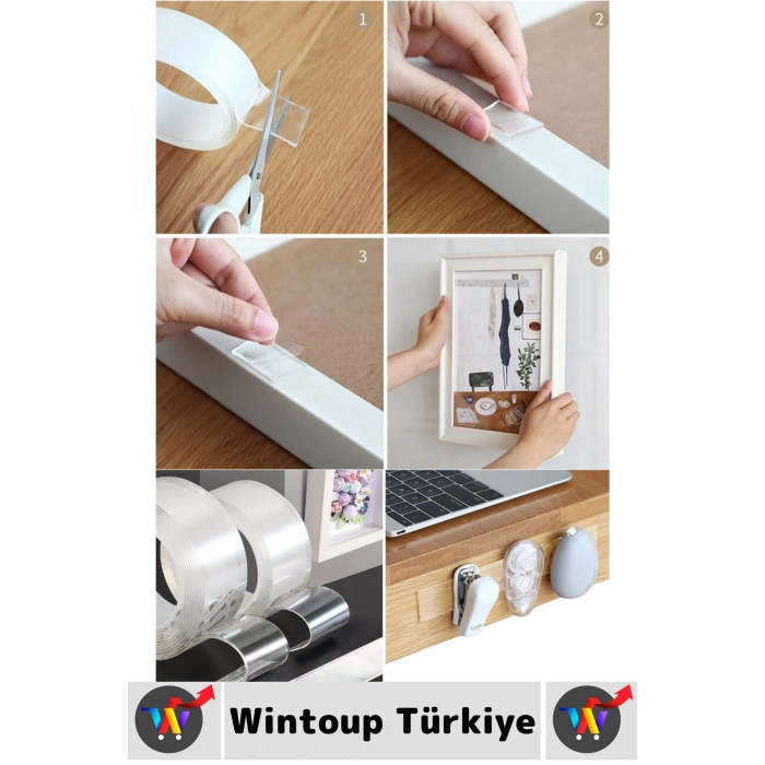 Ultra Güçlü Esnek Kesilebilir Kolay Kullanım Estetik Çift Taraflı Nano Şeffaf Bant 3 CmX2 Metre 5 Ad