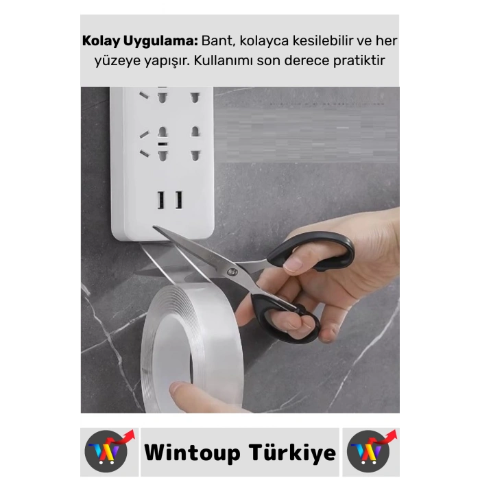 Ultra Güçlü Esnek Kesilebilir Kolay Kullanım Estetik Çift Taraflı Nano Şeffaf Bant 3 CmX2 Metre 5 Ad