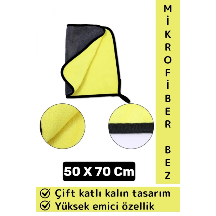 Araç İç Dış Temizleme Yüksek Emici Çift Katlı Kalın Yünlü Mikrofiber Araba Temizlik Bezi 50x70 Cm